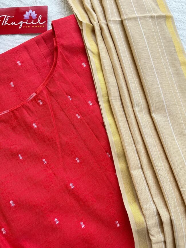 TKS042 Cherry Red Silk Kurta set - Image 2