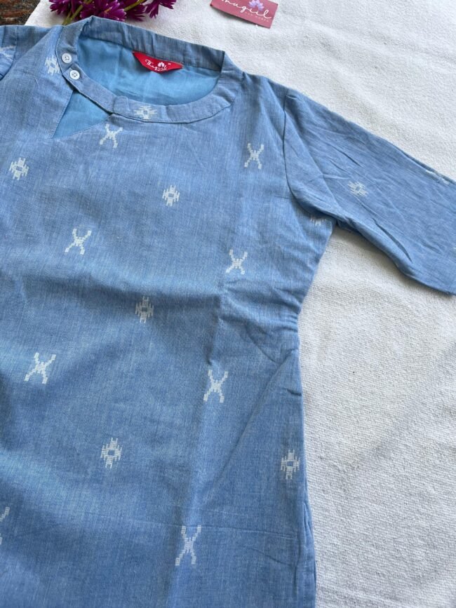 TKS043 Water blue handloom cotton kurta set - Image 3