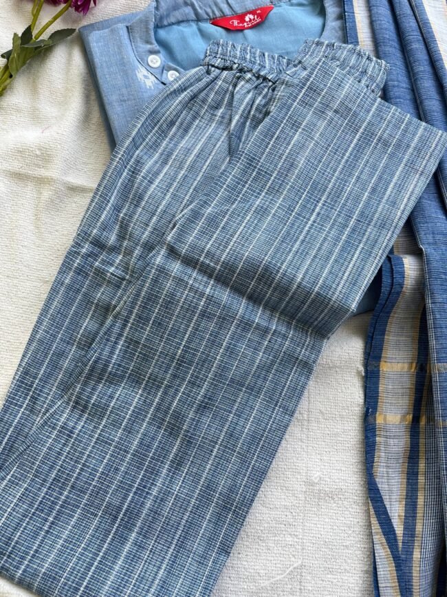 TKS043 Water blue handloom cotton kurta set - Image 5