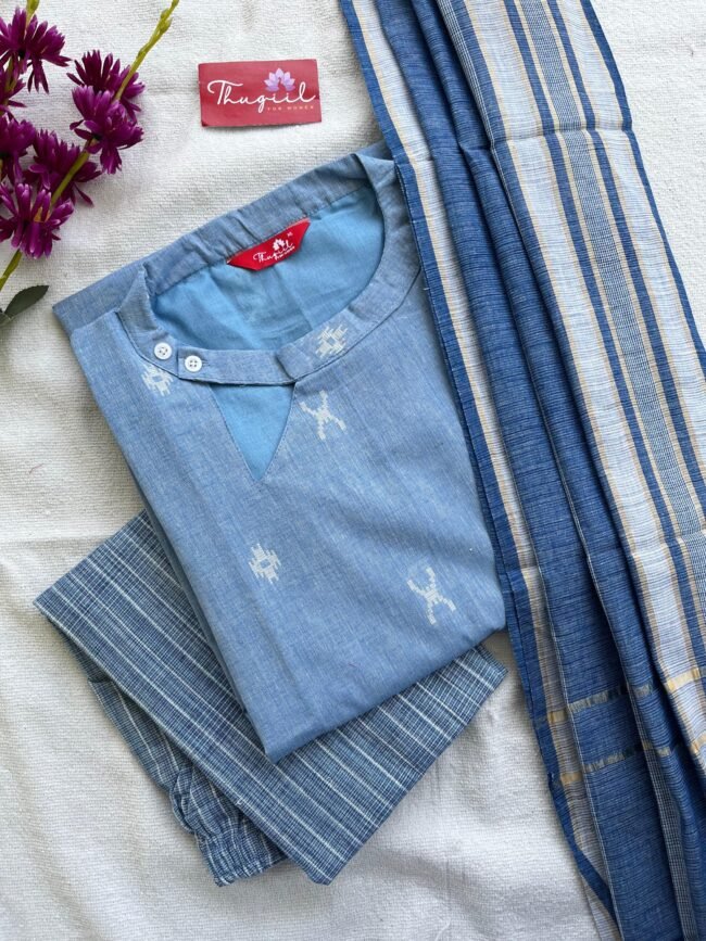TKS043 Water blue handloom cotton kurta set