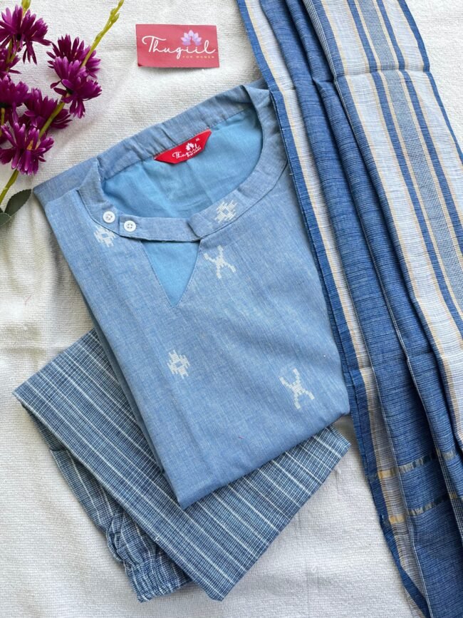 TKS043 Water blue handloom cotton kurta set - Image 2