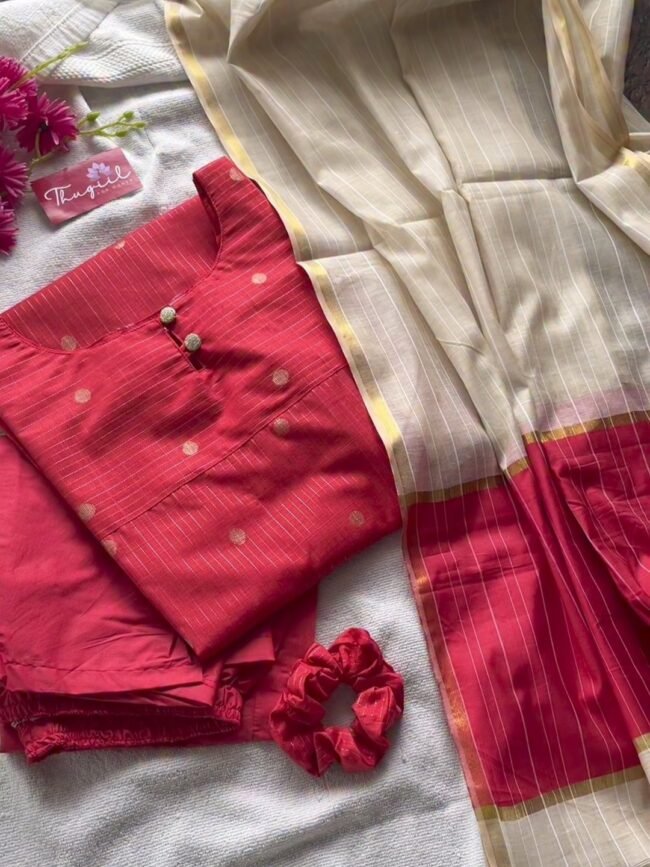 TKS075 Red Butter Silk Kurta Set