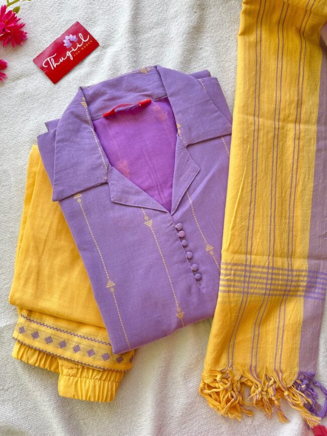 TKS081 Lavender - Yellow Handloom Cotton Kurta Set