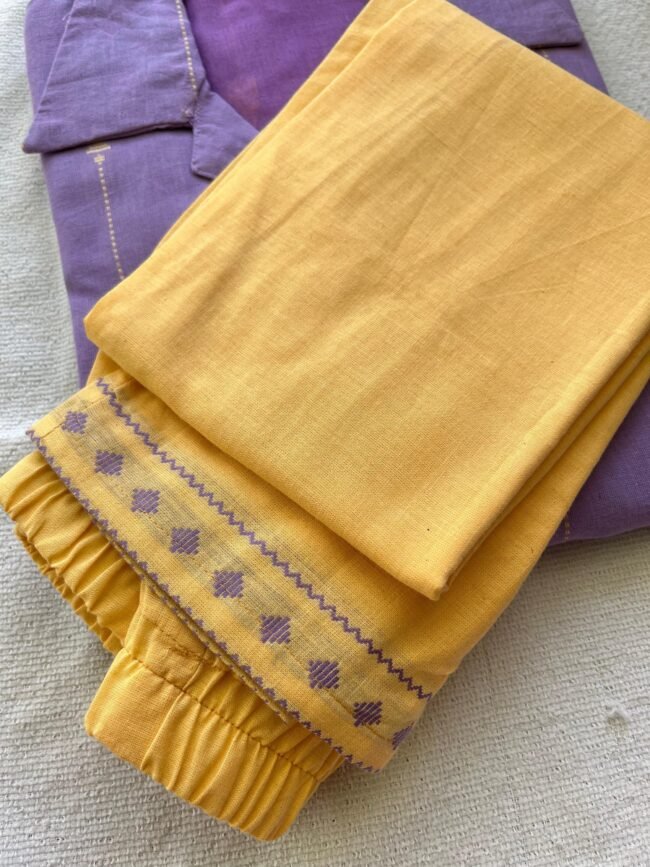 TKS081 Lavender - Yellow Handloom Cotton Kurta Set - Image 4