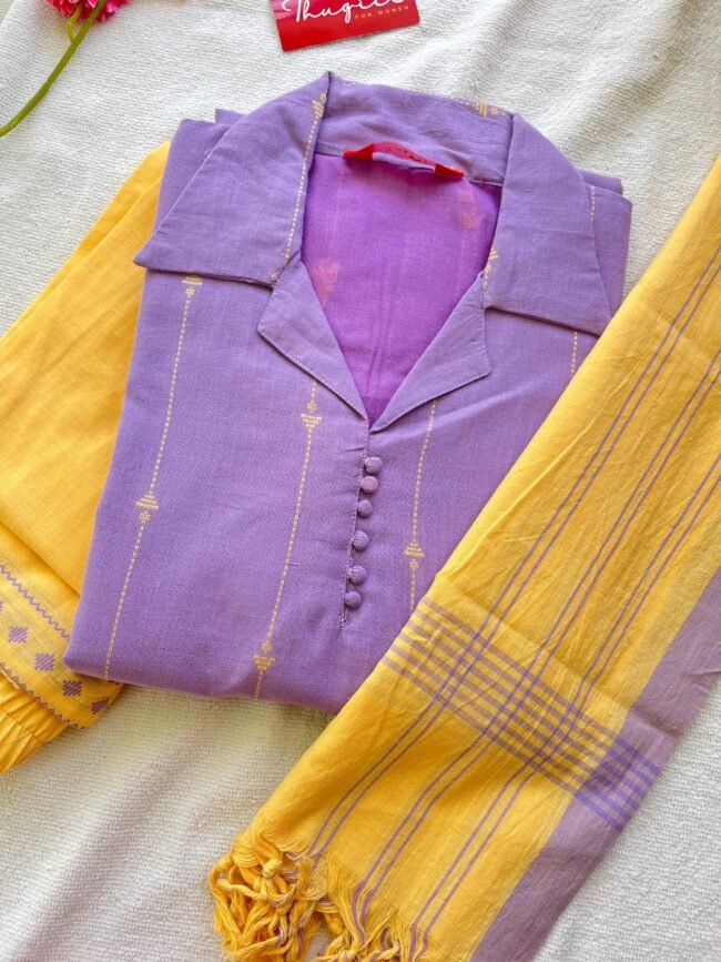 TKS081 Lavender - Yellow Handloom Cotton Kurta Set - Image 2