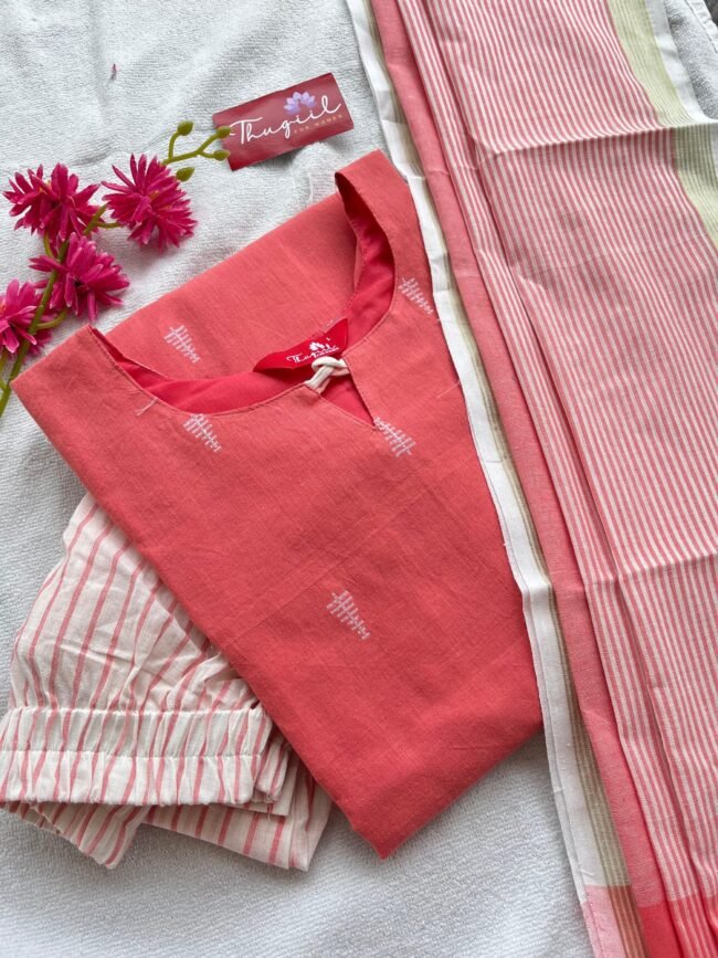 TKS077 Peach Cotton Kurta Set