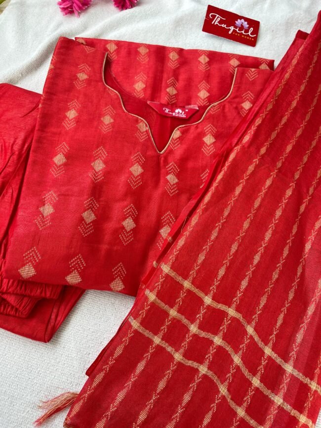 TKS085 Red Katan Silk Kurta Set - Image 2