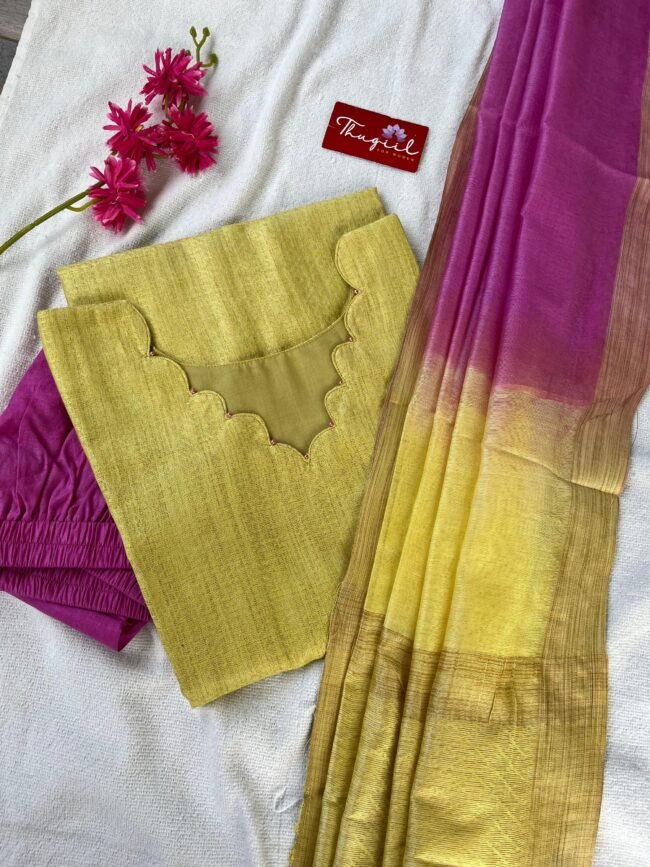 TKS083 Yellow Pink Katan Silk Kurta Set - Image 2