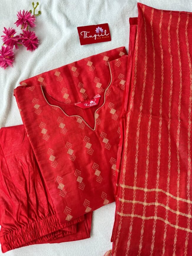 TKS085 Red Katan Silk Kurta Set
