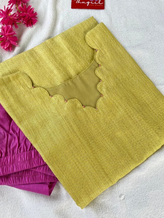 TKS083 Yellow Pink Katan Silk Kurta Set - Image 3
