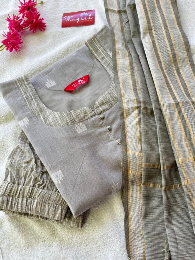 TKS087 Grey Cotton Kurta Set