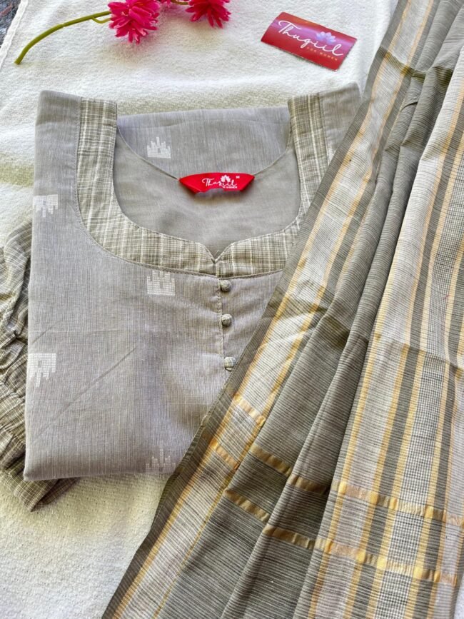 TKS087 Grey Cotton Kurta Set - Image 3